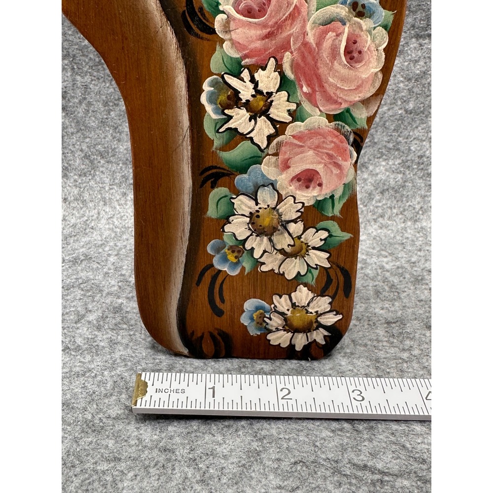 Vintage Hand Painted Wooden Cat Wall Pocket Letter Holder Floral Folk Art Brown - Picture 5 of 6